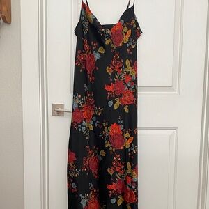 Black Floral Slip Dress with Red Rose Print